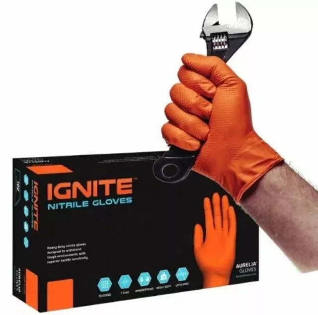 Aurelia Ignite Orange Nitrile Gloves HEAVY DUTY 7ML Thick Textured