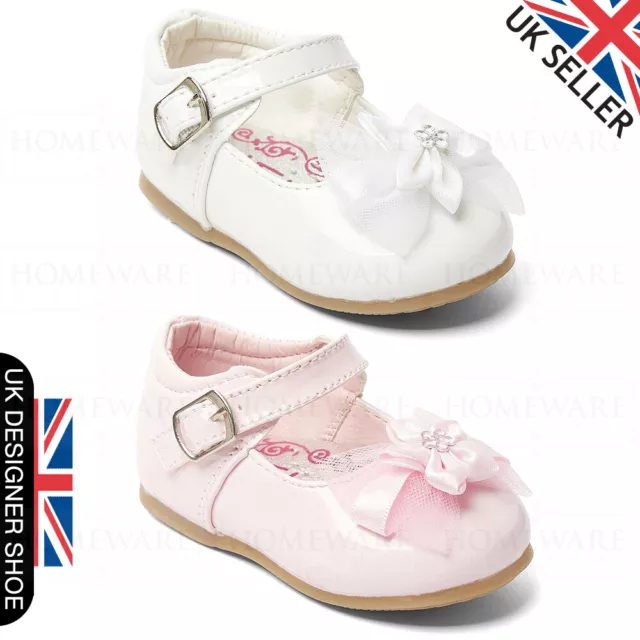 Spanish Flower Shoes Baby Girls Mary Jane Shiny Patent Shoes White Pink Uk3 Uk8