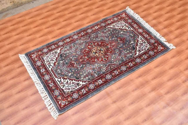 Tapis traditionnel 2x3 Tapis oriental en soie noué à la main bleu ciel