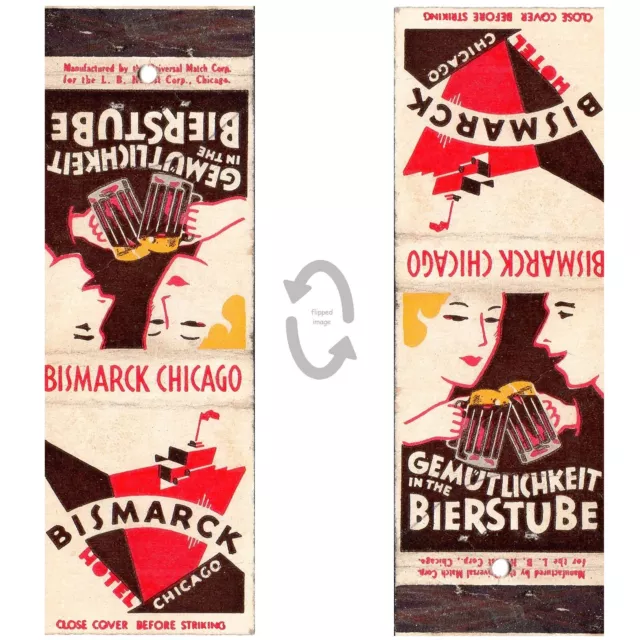 Vintage Matchbook Cover Bismark Hotel Bierstube Chicago IL German Bar 1930s Deco