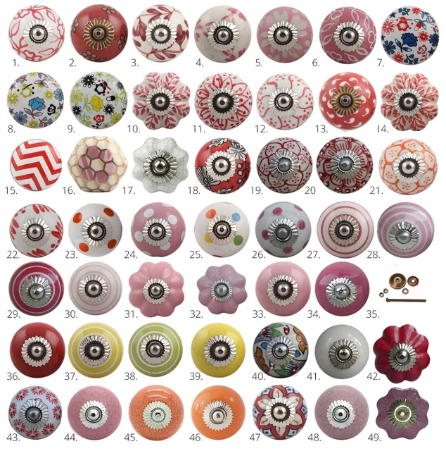 Ceramic Cabinet Door Knobs | Cupboard Handles | Pink Red & Orange Drawer Pulls