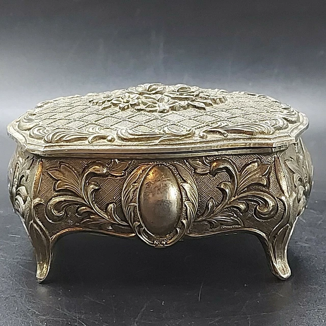 Vintage Silver Clad Trinket Box Raised Rose Design Red Velvet Interior Japan