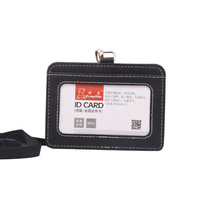 ID Badge Card Holder Pu Leather Horizontal Clip Neck Strap Lanyard Necklace Case