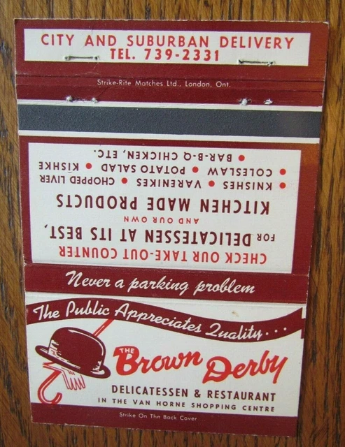 Restaurant Matchbook Matchcover: Brown Derby Delicatessen (Montreal, Quebec) -E9