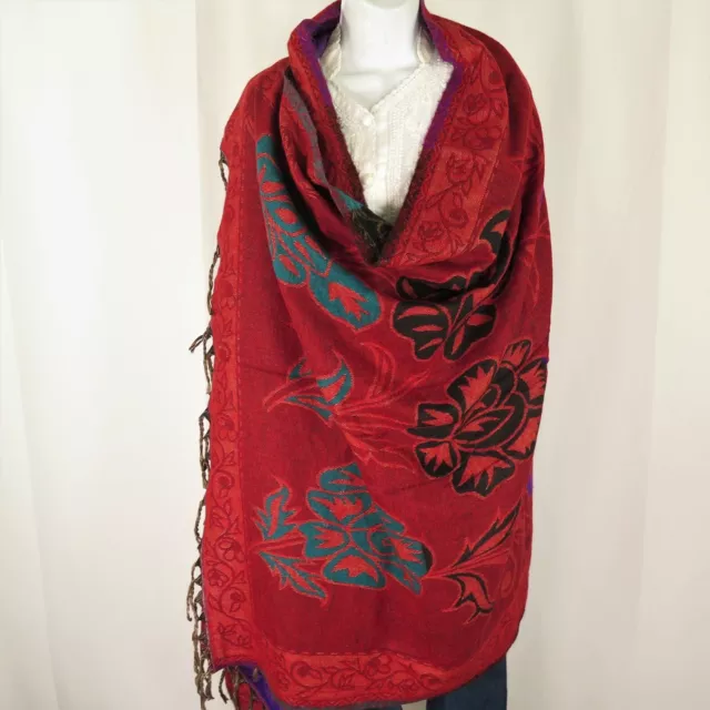 Yak Wool | Shawl/Throw/Wrap| Handloomed| Reversal| Flora| Base Color: Red