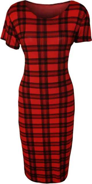 Damen Übergröße rot Tartan kariert Stretch Bodycon Midi Kleid