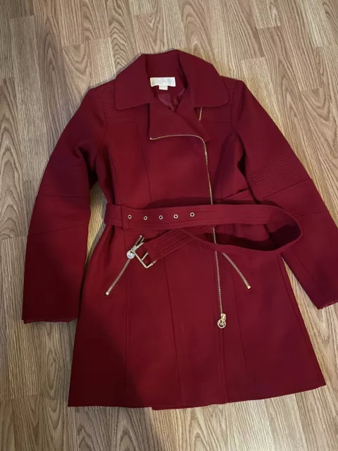 Michael Kors Burgundy/Red Belted Wool Blend Peacoat  Asymmetrical Coat