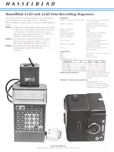 Hasselblad A12D and A24D Data Recording Magazines single sheet brochure