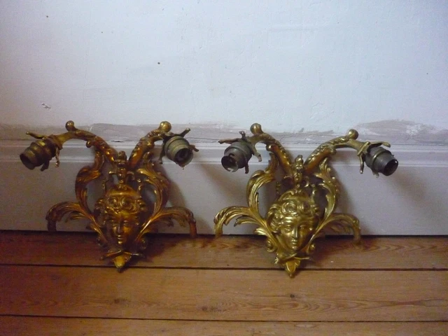 PAIR Antique  FRENCH Bronze Wall SCONCES HEAD OF CHERUBIN SPLENDID