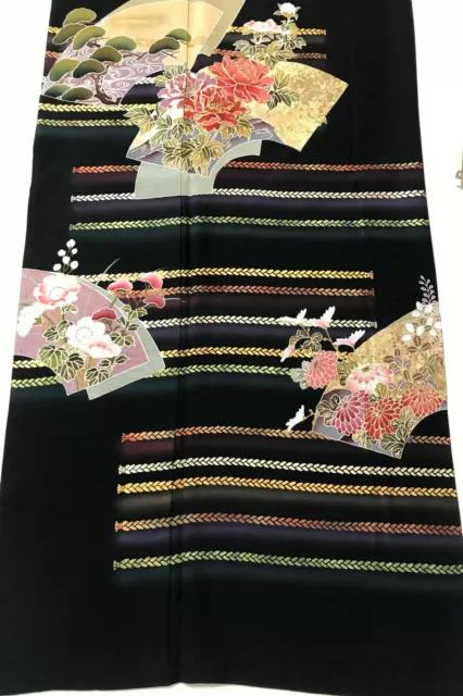 @@Japanese vintage kimono/ tomesode black silk fabric/ folding fans, gold P21 5