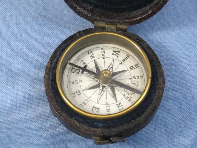 Antique Edwardian Smallbrass Travel Pocket Compass Leather Cased Tool Pocket Box