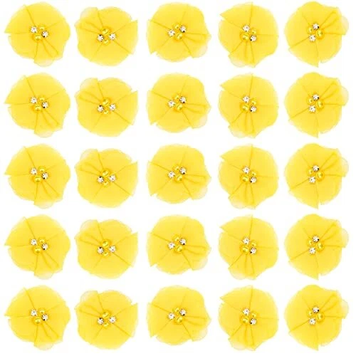 30 PCS Rhinestone Pearl Chiffon Flower Sewing Fabric Appliques for Clothing H...