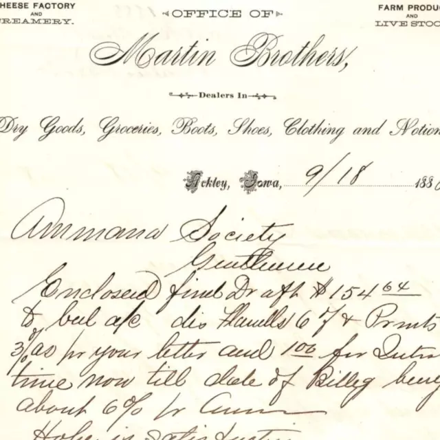 1888 Ackley, Iowa Martin Brothers Letterhead Receipt Amana Society Antique R1