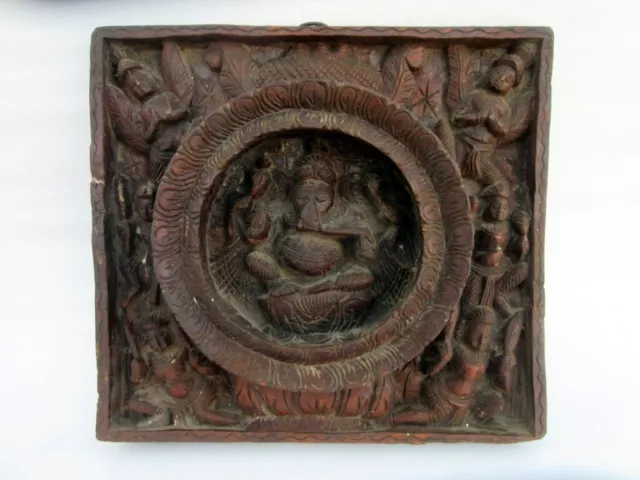 Antique Old Wooden Hand Carved Hindu God Ganesha Angel Figure Wall Hanging Panel