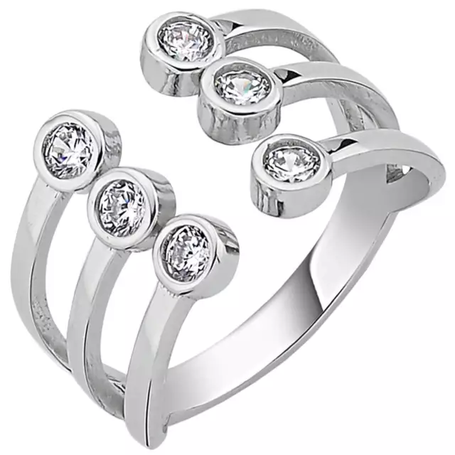 Offener Ring Damenring aus 925 Silber rhodiniert 6 Zirkonia breiter Fingerring