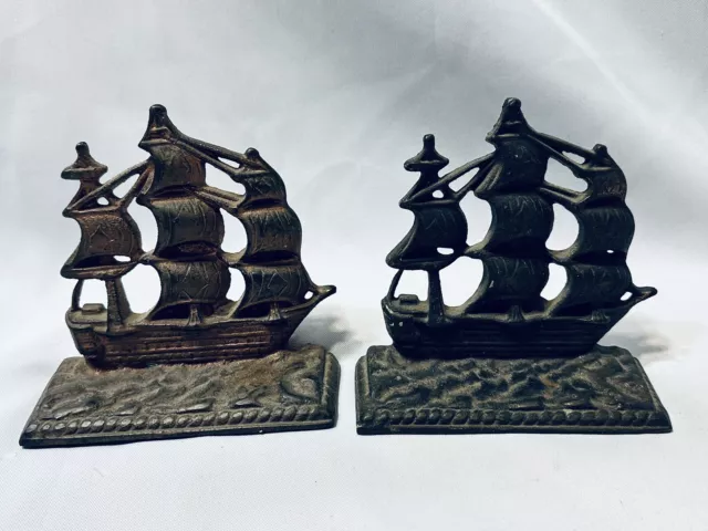 Vintage Bookends Cast Iron Pair Of Sailing Ship Sail Boat Nautical Decor