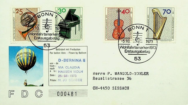 Deutschland 1973 Wohlfahrt 4v Auf D-Bernina Balloon Flight FDC Sich Schweiz