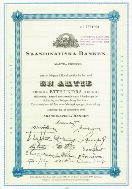 BANK OF SCANDINAVIA  stock certificate/bond 1SH
