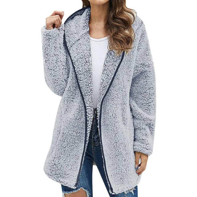 Womens Teddy Bear Coat Cardigan Ladies Fleece Fur Hooded Fluffy Jacket Tops