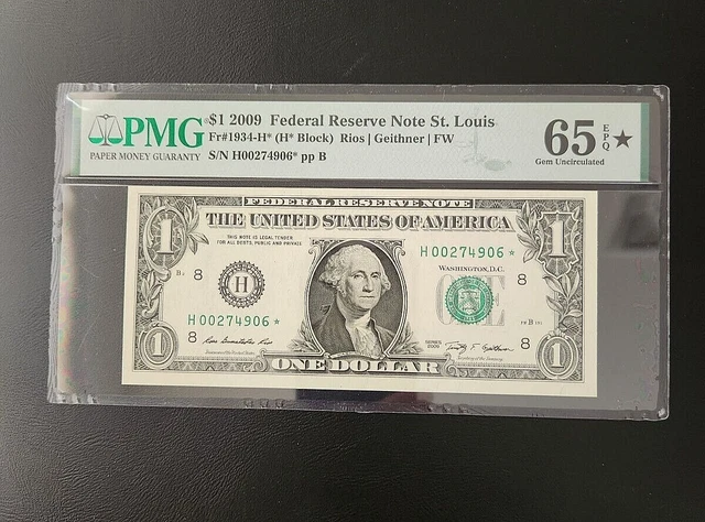 Ultra Rare 2009 $1 Star Note H ST Louis PMG 65EPQ* Star Designation* Gem Unc