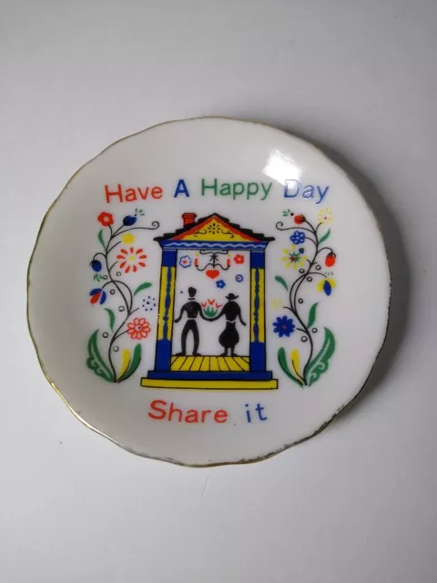 Folk Art Trinket Dish Hand Painted Bone China Japan 3.5" Share a Happy Day Vntg