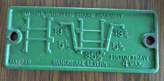 Railroad Wabcopac Brake Assembly Diagram Sign Plate 1212 1/4" X 5 1/4" CAST IRON