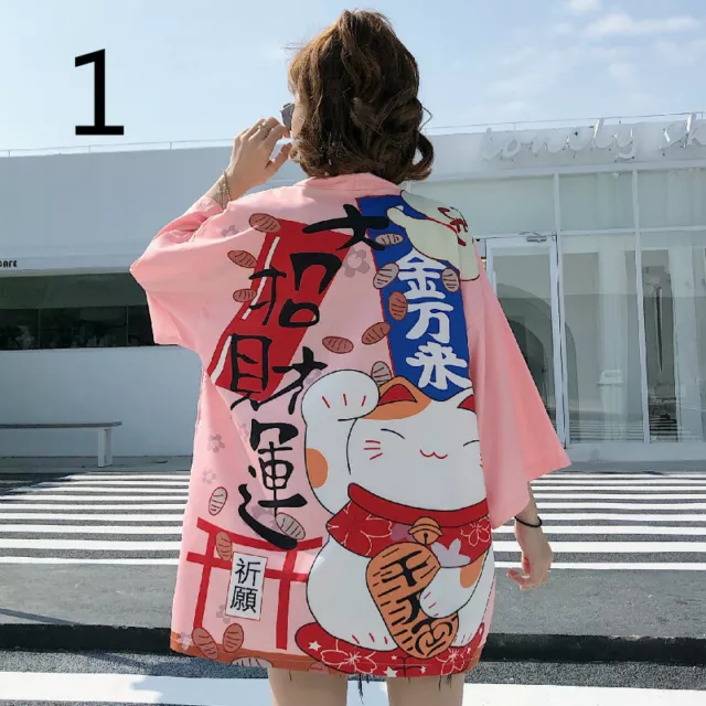 Lady Girls Japanese Kimono Coat Loose Yukata Outwear Tops Fortune Lucky Cat Cute