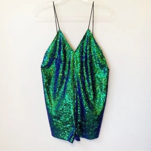 Motel Sequin Romper green blue small v neck