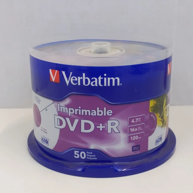 VERBATIM PRINTABLE DVD+R 50 Pack 4.7GB 16x 120min Blank Media Disc ...