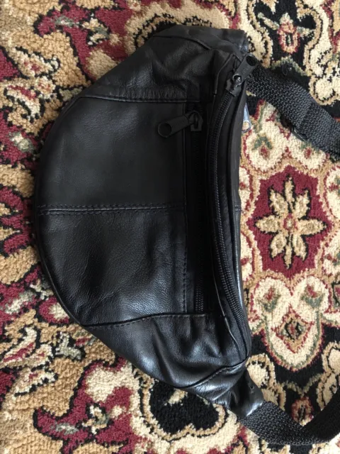 Genuine Hand Stitched Black Leather 3 Pocket Fanny Pack
