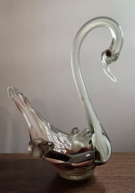 Large Glass Swan Sculpture Maroon  Whites & Clear Fruit Bowl Towel Caddy Nutbowl