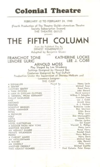 *Ernest Hemingway Legendary Author Rare Original 1940 Fifth Column Play Program*