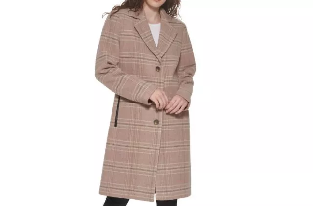 New	Dkny Women's Plaid Single-Breasted Walker Coat M  Rosewood Plaid M0831