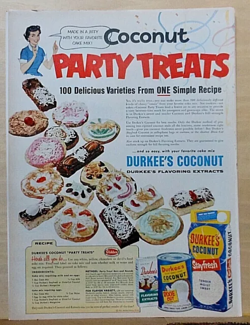 1954 magazine ad for Durkee's Coconut, 100 coconut party treats from one recipe!