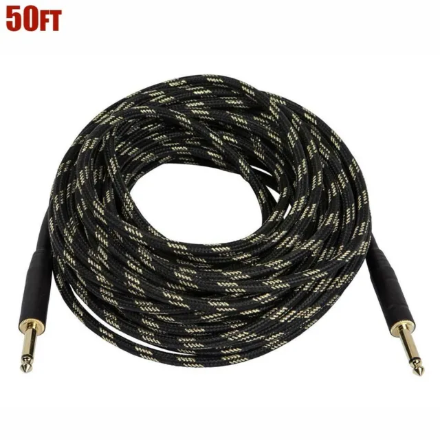 50FT 6.35mm 1/4" TS Mono Male to Male Guitar Instrument Audio Cable Cord Gold
