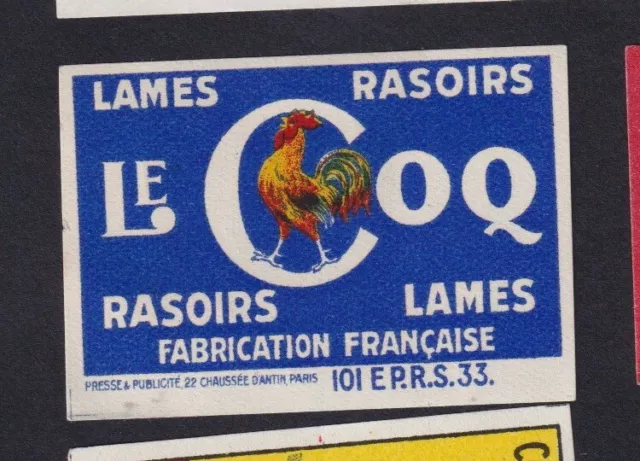 Ancienne étiquette  allumettes France BN155600 Rasoir Lame Le Coq Années 30