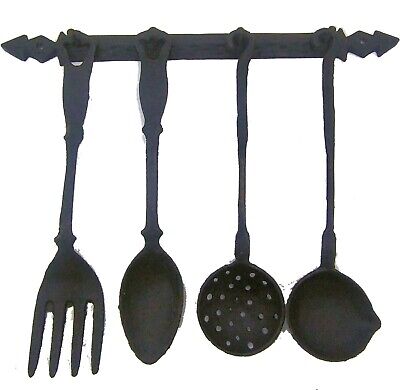 5pc Vintage Cast Iron Hanging Utensil Set - Fork, Spoon, Ladle, Strainer & Rack