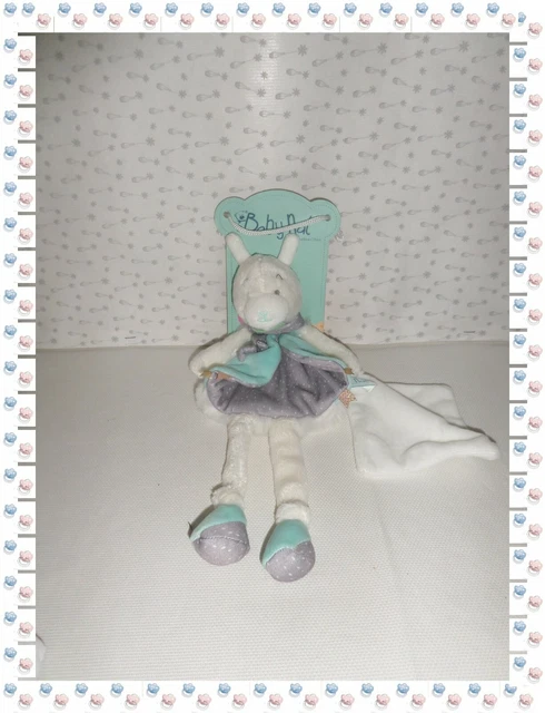 $ - Doudou Peluche Pantin Lama Mouchoir Blanc Gris Vert Baby Nat Neuf
