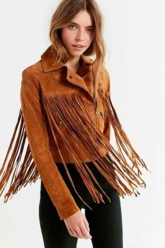 Suede Jacket For Women Tan Fringe Motorcycle Real Lambskin Royal Leather