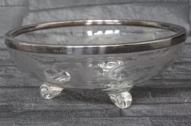 Kleine Dreifuß- Glasschale mit Silbermontur; Glas- Schale Ätzdekor; 925 Sterling