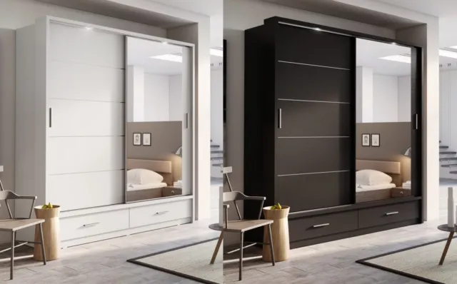 Brand New Modern Bedroom Sliding Mirror Wardrobe ARTI 5 200cm in White or Black