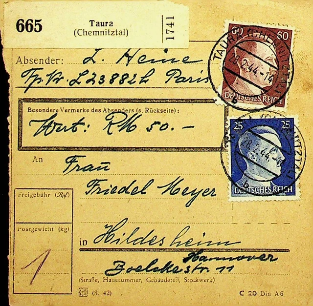 Deutschland 1944 WWII 25pf + 60pf Auf Paket Karte Von Taura Sich Hildesheim