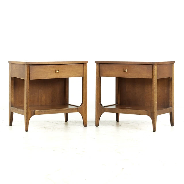 Broyhill Brasilia Mid Century Walnut and Brass Nightstands - Pair