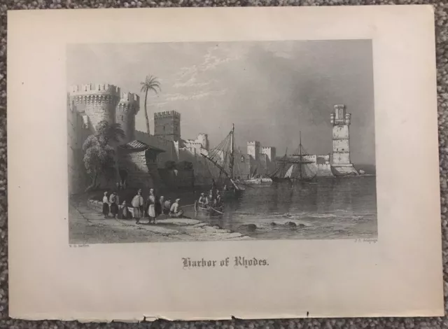 Vintage Harbor of Rhodes Steel Engraving Print W. H. Bartlett J. C. Armytage