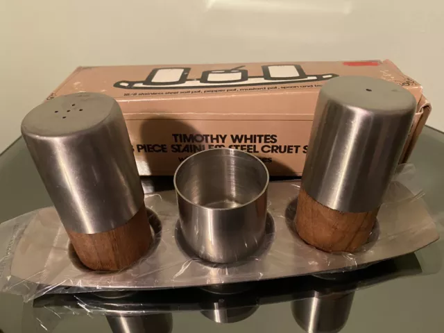 Danish Mid Century Modern Stainless Teak Salt Pepper Shaker Set & Tray