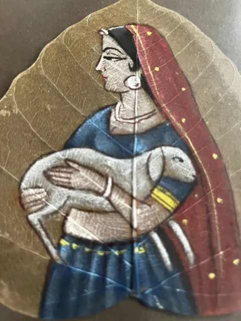 Handbemalt Peepal Blatt Malerei Indien Kunst Sammlerstück Frau mit Lamm gerahmt