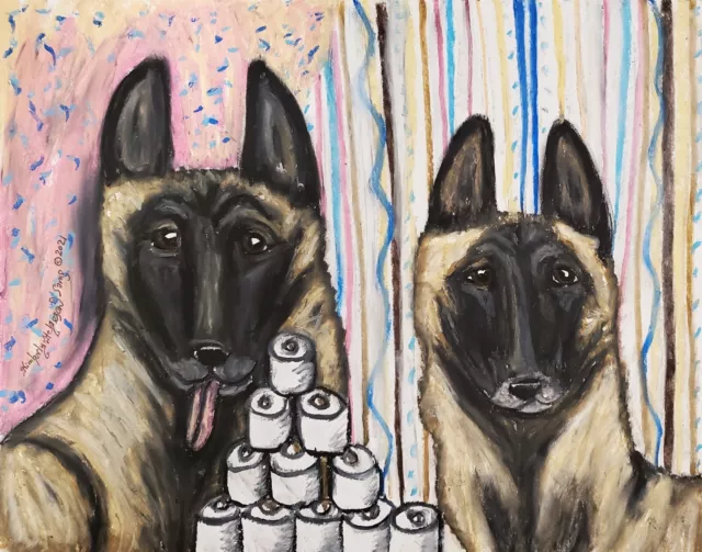 BELGIAN MALINOIS Hoarding TP Dog Art ACEO PRINT of Painting 2.5 x 3.5 KSAMS