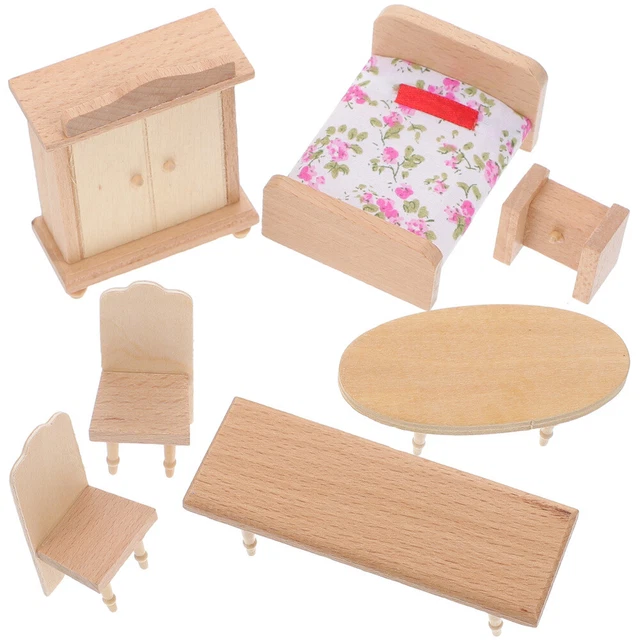 Mini mesa y sillas de madera muebles de muñeca almacenamiento de vestidos de muñeca miniatura