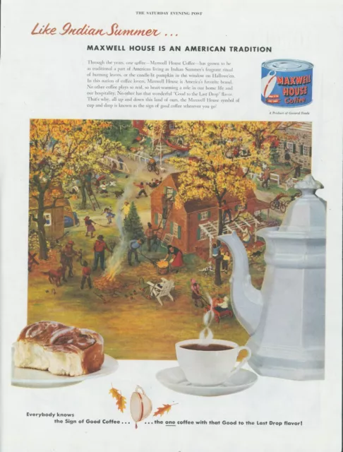 1951 Maxwell House Coffee Pastry Fall Scene Pumpkin Fire Dog Vtg Print Ad SP15