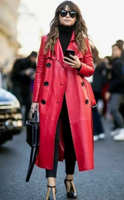 Luxury Women's Red Leather Trench Coat Real Lambskin Stylish Long CoatCustomMade